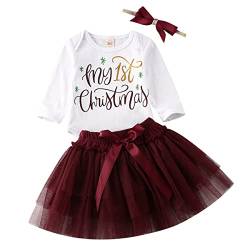 Geagodelia Baby Mädchen Weihnachten Outfit Kleidung Weihnachtsoutfit Babykleidung Set Langarm Body Strampler + Tüllrock Tütü Rock Neugeborene Babyset My First Christmas (Weiß & Wein 47, 0-3 Monate) von Geagodelia