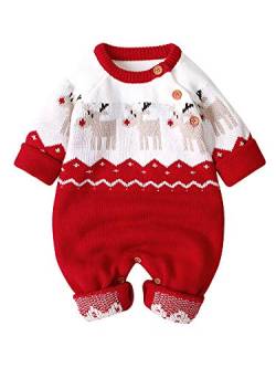 Geagodelia Baby-Strampler für Neugeborene, mit langen Ärmeln, gestrickt, für den Winter, 0-18 Monate, Motiv: Hirsch, Unisex, rot, 3-6 Monate von Geagodelia