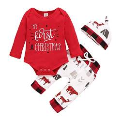 Geagodelia Baby Weihnachtsoutfit Mädchen Jungen Weihnachten Kleidung Langarm Body Weihnachtsstrampler + Hose + Mütze Babykleidung Set Neugeborenen 0-6 Monate 3tlg Outfits (Rot, 3-6 Monate) von Geagodelia