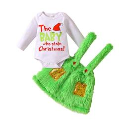 Geagodelia Baby Weihnachtsoutfit Mädchen Langarm Strampler Body + Grün Pelzig Rock mit Hosenträger Neugeborenes Mein Erstes Weihnachten Baby Kleidung Set Winter (Grün-Kleid, 12-18 Monate) von Geagodelia