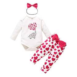 Geagodelia Babykleidung Mädchen Langarm Body Strampler Hose Stirnband Baby Valentines Outfit Mein erstes Valentinstag Kleidung Set Elefant Herz Muster (Weiß, 3-6 Monate) von Geagodelia