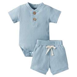 Geagodelia Babykleidung Set Baby Jungen Mädchen Kleidung Outfit Kurzarm Body Strampler + Shorts Neugeborene Weiche Einfarbige Babyset T-52508 (Blau, 12-18 Monate) von Geagodelia