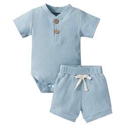 Geagodelia Babykleidung Set Baby Jungen Mädchen Kleidung Outfit Kurzarm Body Strampler + Shorts Neugeborene Weiche Einfarbige Babyset T-52508 (Blau, 6-12 Monate) von Geagodelia