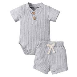 Geagodelia Babykleidung Set Baby Jungen Mädchen Kleidung Outfit Kurzarm Body Strampler + Shorts Neugeborene Weiche Einfarbige Babyset T-52508 (Grau, 6-12 Monate) von Geagodelia