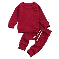 Geagodelia Babykleidung Set Baby Jungen Mädchen Kleidung Outfit Langarm T-Shirt Top + Hose Neugeborene Weiche Einfarbige Babyset T-8718 (Rot, 6-12 Monate) von Geagodelia