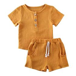 Geagodelia Babykleidung Set Baby Jungen Mädchen Kleidung Outfit T-Shirt Top + Hose Shorts Neugeborene Weiche Einfarbige Babyset T-47740 (Gelb - Kurzarm, 12-18 Monate) von Geagodelia