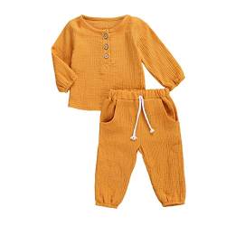 Geagodelia Babykleidung Set Baby Jungen Mädchen Kleidung Outfit T-Shirt Top + Hose Shorts Neugeborene Weiche Einfarbige Babyset T-47740 (Gelb - Langarm, 6-12 Monate) von Geagodelia