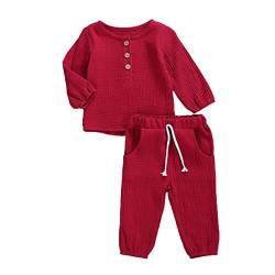 Geagodelia Babykleidung Set Baby Jungen Mädchen Kleidung Outfit T-Shirt Top + Hose Shorts Neugeborene Weiche Einfarbige Babyset T-47740 (Rot - Langarm, 18-24 Monate) von Geagodelia