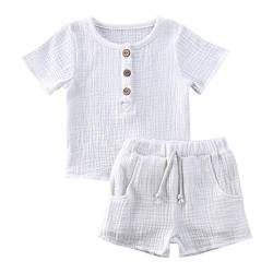 Geagodelia Babykleidung Set Baby Jungen Mädchen Kleidung Outfit T-Shirt Top + Hose Shorts Neugeborene Weiche Einfarbige Babyset T-47740 (Weiß - Kurzarm, 12-18 Monate) von Geagodelia