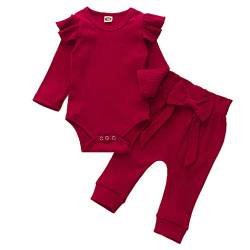 Geagodelia Babykleidung Set Baby Mädchen Kleidung Outfit Langarm Body Strampler + Hose Neugeborene Weiche Einfarbige Babyset T-45461 (Rot, 0-6 Monate) von Geagodelia