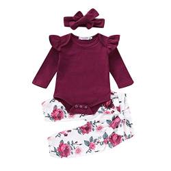 Geagodelia Babykleidung Set Baby Mädchen Langarm Body Strampler + Blumen Hose + Stirnband Neugeborene Kleinkinder Warme Babyset Kleidung T-28852 (6-9 Monate, Weinrot 056) von Geagodelia