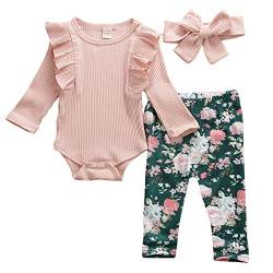 Geagodelia Babykleidung Set Baby Mädchen Langarm Body Strampler + Blumen Hose + Stirnband Neugeborene Kleinkinder Warme Babyset Kleidung T-38207 (18-24 Monate, Pink) von Geagodelia