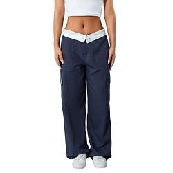 Geagodelia Damen Baggy Cargohose Weite Palazzo Hose Cargo Parachute Pants Y2k Fashion Aesthetic Freizeithose Fallschirm Hose Track Pants (A - Navy, L) von Geagodelia