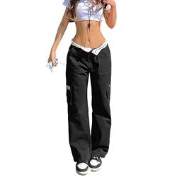 Geagodelia Damen Baggy Cargohose Weite Palazzo Hose Cargo Parachute Pants Y2k Fashion Aesthetic Freizeithose Fallschirm Hose Track Pants (A - Schwarz, M) von Geagodelia