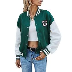 Geagodelia Damen College Jacke Sweatjacke Baseball Jacke Vintage Kurze Übergangsjacke Sweatshirt mit Knopf Y2K Fashion Top Frühling Herbst (Grün, L) von Geagodelia