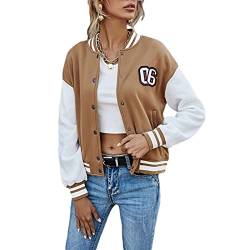 Geagodelia Damen College Jacke Sweatjacke Baseball Jacke Vintage Kurze Übergangsjacke Sweatshirt mit Knopf Y2K Fashion Top Frühling Herbst (Khaki, L) von Geagodelia