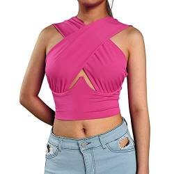 Geagodelia Damen Crisscross Crop Top Y2k Fashion Sexy Corset Top Cross Wrap Tiktok Neckholder Top Aesthetic Sport Sommer (Rosa, M) von Geagodelia