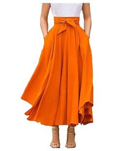 Geagodelia Damen Faltenrock Elegant Vintage Retro Swing Maxi Langer A-line Pleated Rockabilly Rock für Damen Sommer(Orange, XL) von Geagodelia