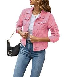 Geagodelia Damen Jeansjacke Vintage Jeans Jacke Kurze Übergangsjacke Sweatshirt mit Knopf Y2K Aesthetic Top Frühling Sommer Herbst (Pink, L) von Geagodelia