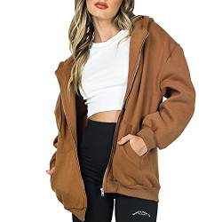 Geagodelia Damen Kapuzenjacke Kapuzenpullover Vintage Oversize Sweatjacke Sweatshirt College Jacke Übergangsjacke Zip Hoodie Hoody mit Kapuze (Braun (Dick, 600g), S) von Geagodelia