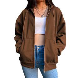 Geagodelia Damen Kapuzenjacke Kapuzenpullover Vintage Oversize Sweatjacke Sweatshirt College Jacke Übergangsjacke for Teenager Mädchen Y2K Fashion Top Zip Hoodie Frühling Herbst (Braun 08, M) von Geagodelia