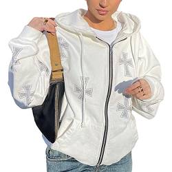 Geagodelia Damen Kapuzenjacke Kapuzenpullover Vintage Sweatjacke Sweatshirt College Jacke Übergangsjacke Zip Hoodie Hoody mit Kapuze Y2K Fashion Top Frühling Herbst (Weiß - Kreuz, M) von Geagodelia