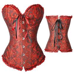 Geagodelia Damen Korsett Oberteil Rücken Schnüren Große Brüste Sexy Piraten Kostüm Corsage Bustier Corset Top Große Größen (A 01- Rotschwarz, XL) von Geagodelia