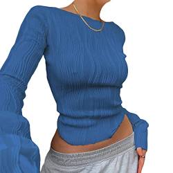 Geagodelia Damen Langarmshirt Elegant Oberteil Y2k Fashion Crop Top Sexy Langarm T-Shirt Bluse Aesthetic Clothes Outfit Frühling Sommer (C - Blau, L) von Geagodelia