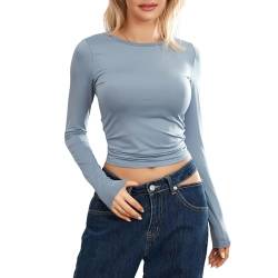 Geagodelia Damen Langarmshirt Longsleeve Top Elegant Oberteil Y2k Fashion Aesthetic Clothes Langarm T-Shirt Bluse Outfit Skims Dupe Frühling Sommer (B - Hellblau, L) von Geagodelia