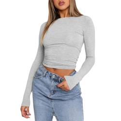 Geagodelia Damen Langarmshirt Longsleeve Top Elegant Oberteil Y2k Fashion Aesthetic Clothes Langarm T-Shirt Bluse Outfit Skims Dupe Frühling Sommer (B - Hellgrau, L) von Geagodelia