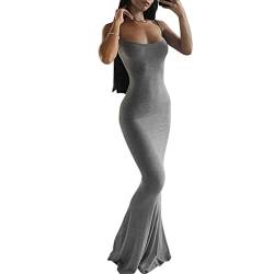 Geagodelia Damen Lange Partykleid Sexy Spaghetti/Langarm Sommerkleid Maxikleider Elegante Sommer Kleider Y2k Aesthetic Clothes Outfit Skims Dupes Dress (A - Grau, L) von Geagodelia