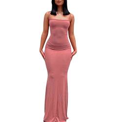 Geagodelia Damen Lange Partykleid Sexy Spaghetti/Langarm Sommerkleid Maxikleider Elegante Sommer Kleider Y2k Aesthetic Clothes Outfit Skims Dupes Dress (A - Pink, XS) von Geagodelia