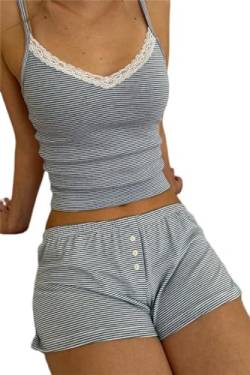 Geagodelia Damen Lounge Set Y2K Camisole Top und Shorts Herzchen Pyjama Zweiteiler Sommer Kurz Eng Hausanzug Matching Loungewear Set (0206A02#Grau, M) von Geagodelia