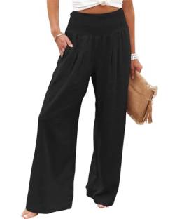 Geagodelia Damen Palazzo Hose High Waist Baumwolle Weites Bein Sommerhose Lockere Strandhose mit Gummizug Bund und Taschen (Schwarz, M) von Geagodelia