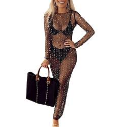 Geagodelia Damen Perlen Strass Glitzer Mesh Cover Up Kleid Langarm Tüllkleid Strand Cover Up Maxikleid Sexy Bodycon Bademode Badeanzug Bikini Cover Ups Mesh Strandkleid Partykleid (Schwarz, M) von Geagodelia