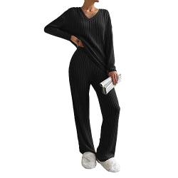 Geagodelia Damen Ribbed Zweiteiler Lounge Set Hausanzug Strick Loungewear Hosenanzug Elegant 2 Teiler Set Top + Hose Tracksuit Kleidung Outfit Anzug (A - Schwarz, L) von Geagodelia