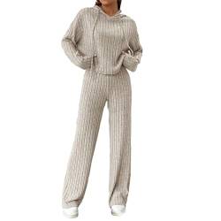 Geagodelia Damen Ribbed Zweiteiler Lounge Set Hausanzug Strick Loungewear Hosenanzug Elegant 2 Teiler Set Top + Hose Tracksuit Kleidung Outfit Anzug (B - Champagne, L) von Geagodelia