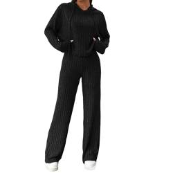 Geagodelia Damen Ribbed Zweiteiler Lounge Set Hausanzug Strick Loungewear Hosenanzug Elegant 2 Teiler Set Top + Hose Tracksuit Kleidung Outfit Anzug (B - Schwarz, M) von Geagodelia