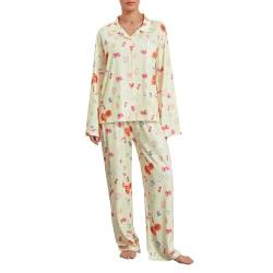 Geagodelia Damen Schlafanzug Lounge Pyjama Set Pyjamahose + Pyjama-Oberteile Lange Hausanzug Zweiteiler Nachtwäsche Loungewear Fruit Pjs Herbst Winter (Gelb, L) von Geagodelia