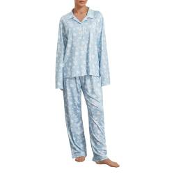 Geagodelia Damen Schlafanzug Lounge Pyjama Set Pyjamahose + Pyjama-Oberteile Lange Hausanzug Zweiteiler Nachtwäsche Loungewear Fruit Pjs Herbst Winter (Hellblau, M) von Geagodelia
