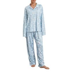 Geagodelia Damen Schlafanzug Lounge Pyjama Set Pyjamahose + Pyjama-Oberteile Lange Hausanzug Zweiteiler Nachtwäsche Loungewear Fruit Pjs Herbst Winter (Hellblau, S) von Geagodelia