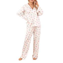 Geagodelia Damen Schlafanzug Lounge Pyjama Set Pyjamahose + Pyjama-Oberteile Lange Hausanzug Zweiteiler Nachtwäsche Loungewear Fruit Pjs Herbst Winter (Weiß, M) von Geagodelia