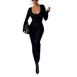 Geagodelia Damen Sexy Bodycon Jumpsuit Einteiler Elegant Langarm Overall Romper Yoga Workout Sport Outfit Clubwear Streetwear (B - Schwarz, M) von Geagodelia