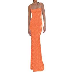 Geagodelia Damen Sexy Rückenfreies Kleider Lange Partykleid Langarm/Spaghetti Sommerkleid Maxikleider Sommer Y2k Aesthetic Clothes Outfit Skims Dupes Backless Dress (A - Orange, M) von Geagodelia