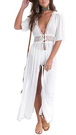 Geagodelia Damen Sexy Strandkleid Vintage Elegante Leichte Sommer Strand Kleider Strandponcho Bikini Cover Up SK-478 (Weiß - Lang, XXL) von Geagodelia