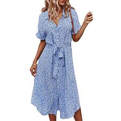 Geagodelia Damen Sommerkleid Knielang Boho Sommer Kleider Midikleider Vintage Elegante Leichte Kurzarm Strandkleid A Linie Freizeitkleider SK-387 (Blau, L) von Geagodelia