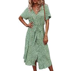 Geagodelia Damen Sommerkleid Knielang Boho Sommer Kleider Midikleider Vintage Elegante Leichte Kurzarm Strandkleid A Linie Freizeitkleider SK-387 (Grün, M) von Geagodelia