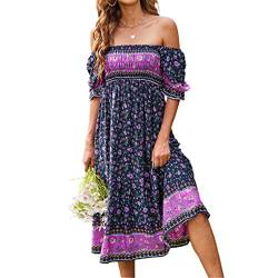 Geagodelia Damen Sommerkleid Knielang Boho Sommer Kleider Midikleider Vintage Elegante Leichte Strandkleid A Linie Freizeitkleider SK-998 (Navy, M) von Geagodelia