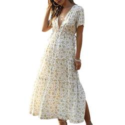 Geagodelia Damen Sommerkleid Maxikleider Sexy Lang Boho Sommer Kleider Elegante Vintage Leichte Kurzarm Strandkleid A Linie Freizeitkleider SK-335 (Weiß, S) von Geagodelia