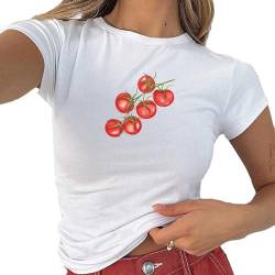 Geagodelia Damen T-Shirt Basic Kurzarm Aufdruck Tshirt Elegant Oberteil Sommer Crop Top Y2k Aesthetic Clothes Outfit Baby Tees Skims Dupe Weiss (C Weiß - Tomate, S) von Geagodelia